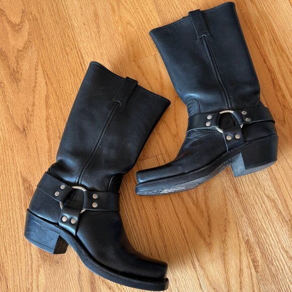 Frye Tall Leather Harness Boots Black Women’s Size 6.5 - Picture 1 of 5